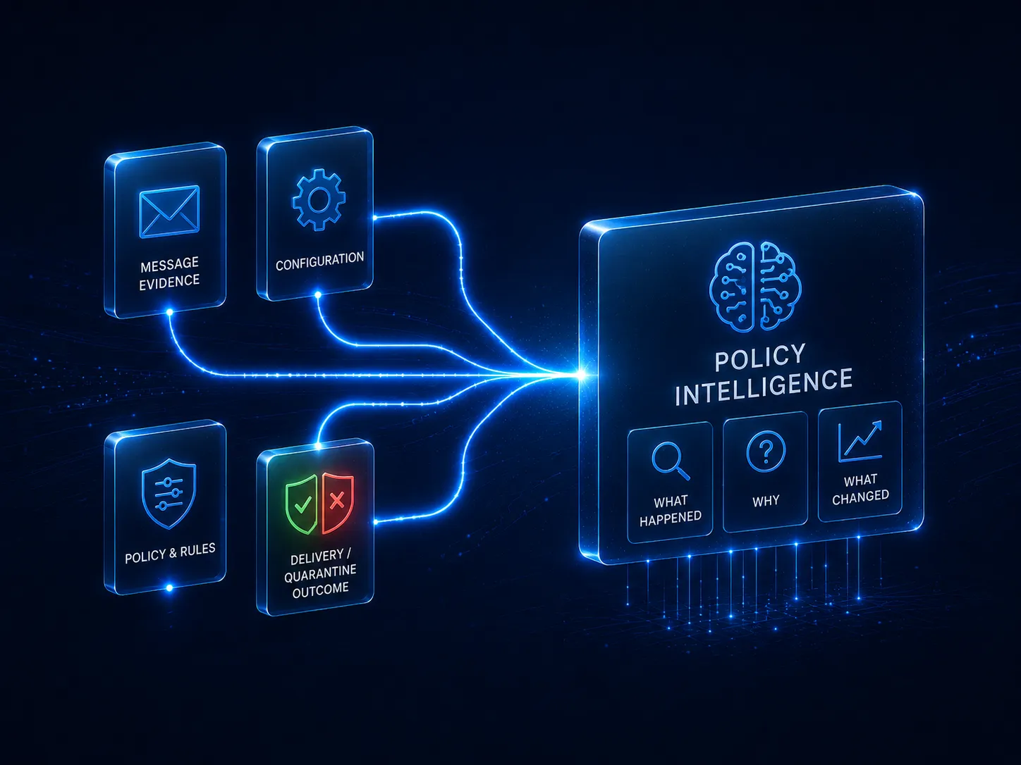 Message evidence, configuration, policy and rules, and delivery or quarantine outcome converging into a Policy Intelligence result that surfaces what happened, why it happened, and what changed.
