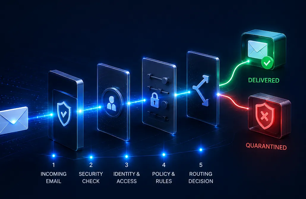 Diagram of a message moving through security, identity, and policy checks, then a routing decision to a Delivered or Quarantined outcome.